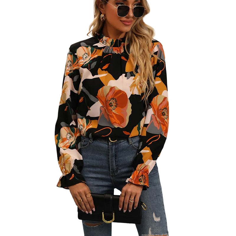 2024 early autumn thin contrast color temperament commuter chiffon shirt women European and American fashion floral print long sleeve pullover women