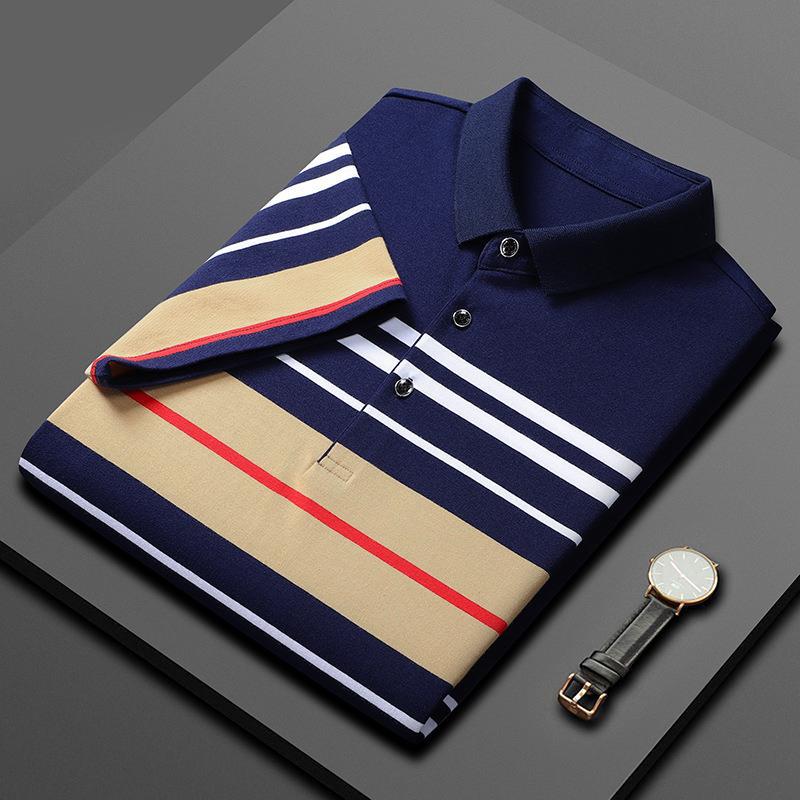 Pure Cotton Striped POLO Shirt Men's Light Business T-shirt Short-sleeved Men's POLO Stretch Patchwork Lapel Golf T-shirt