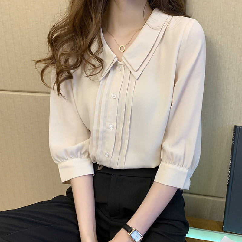 Double Layer Doll Collar Shirt Women's Design Sense 2021 Summer Japanese and Korean Style New Korean Style Half Sleeve Chiffon Shirt