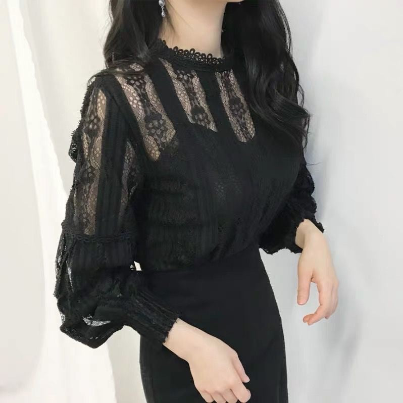 2021 Spring Lace Pullover Top Lantern Sleeve Long Sleeve Base Shirt Two-Piece Set