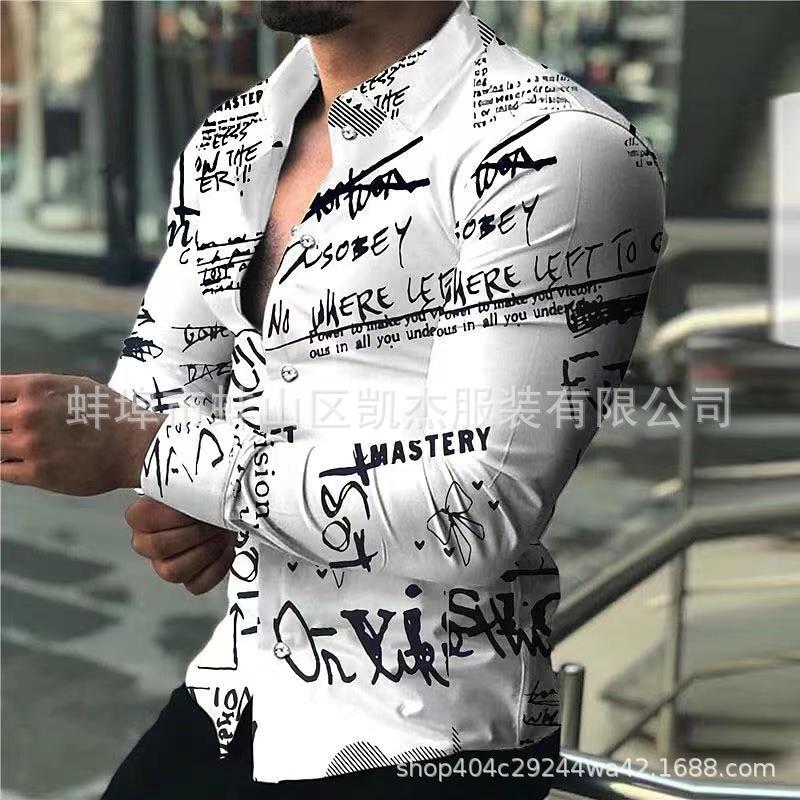 2023 cross-border foreign trade Men's spring and autumn lapel 3D printing youth casual long sleeve shirt European and American style men's shirt