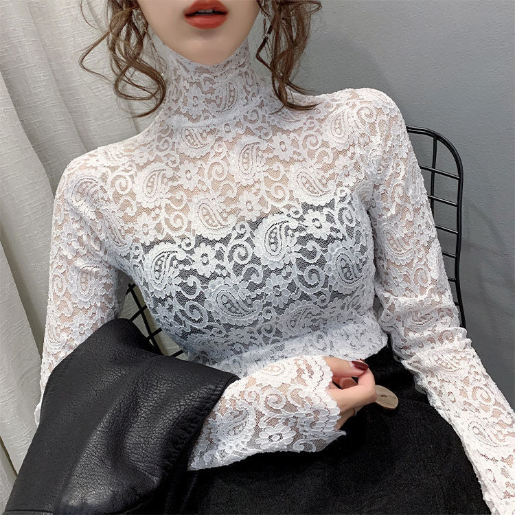 Lace Base Shirt Women's Four Seasons All-match High Collar Western Style Small Shirt Women's Top with Fake Neck Inner Vest Long Sleeve
