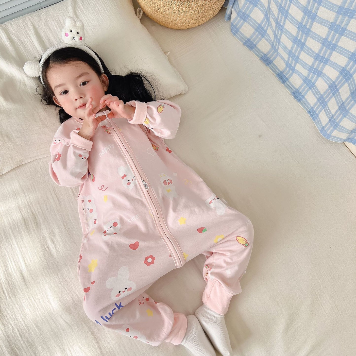 New double-layer baby one-piece split-leg sleeping bag children's anti-kick quilt spring, autumn and winter pajamas boys and girls cotton home wear