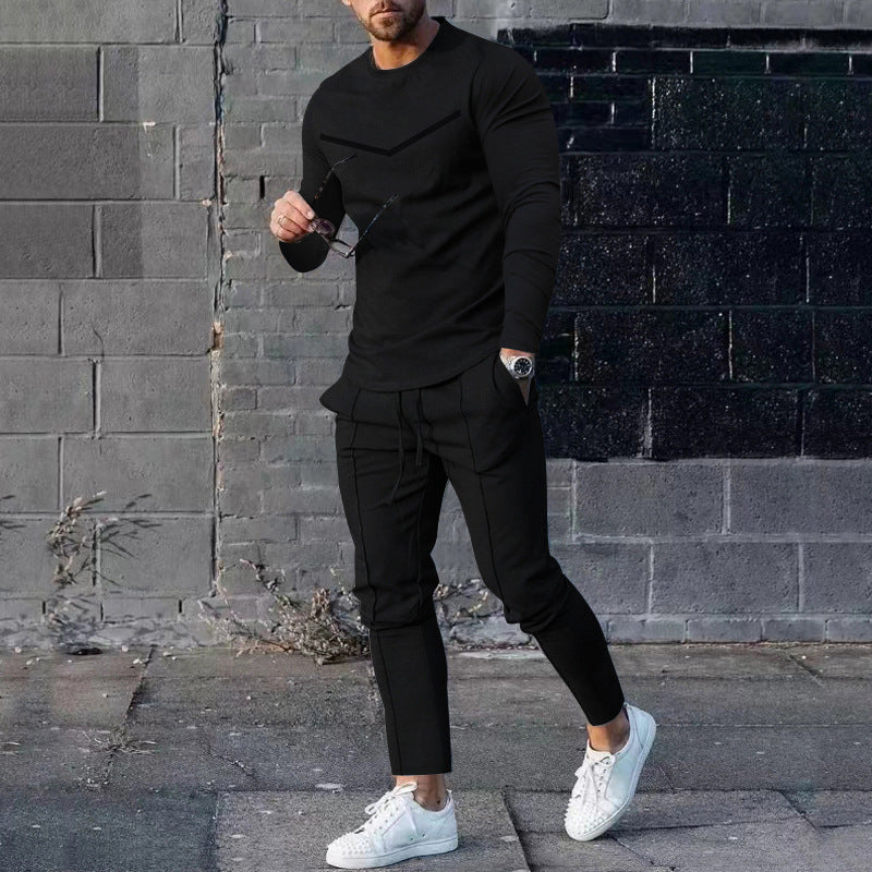 Cross-border Foreign Trade Men's Clothing Suit Spring and Autumn Two-piece Crewneck Long-sleeved T-shirt Pants Suit Men's Casual Sports Suit