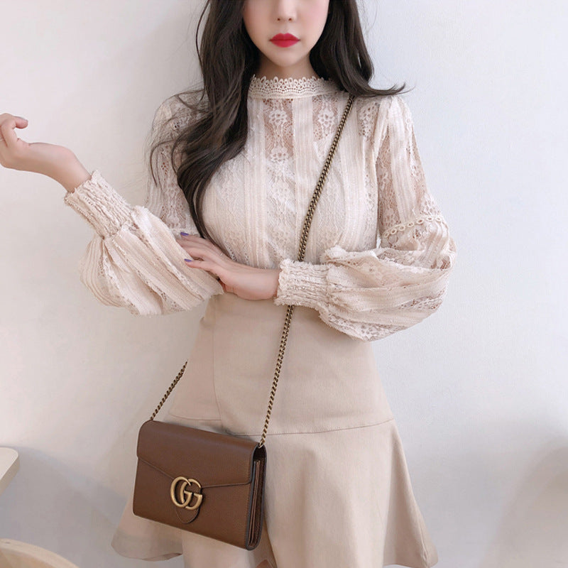 2021 Spring Lace Pullover Top Lantern Sleeve Long Sleeve Base Shirt Two-Piece Set