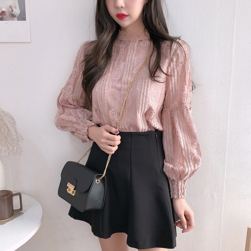 2021 Spring Lace Pullover Top Lantern Sleeve Long Sleeve Base Shirt Two-Piece Set