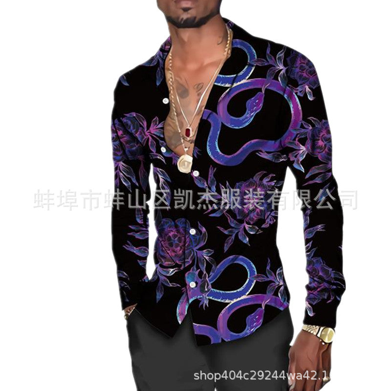 2023 cross-border foreign trade Men's spring and autumn lapel 3D printing youth casual long sleeve shirt European and American style men's shirt
