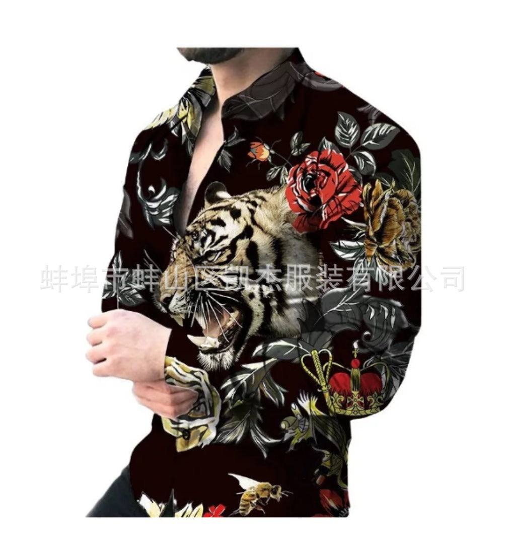 2023 cross-border foreign trade Men's spring and autumn lapel 3D printing youth casual long sleeve shirt European and American style men's shirt