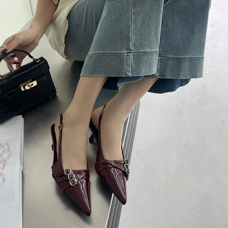 heels one-strap high heel shoes 2024 spring new fashion patent leather women's shoes pointed toe belt buckle stiletto heel sandals