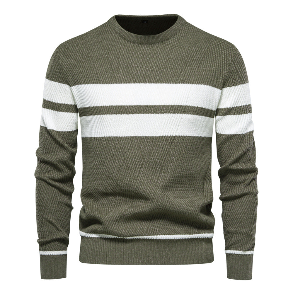 In stock autumn and winter men's casual striped men's sweater pullover color matching round neck men's European size sweater