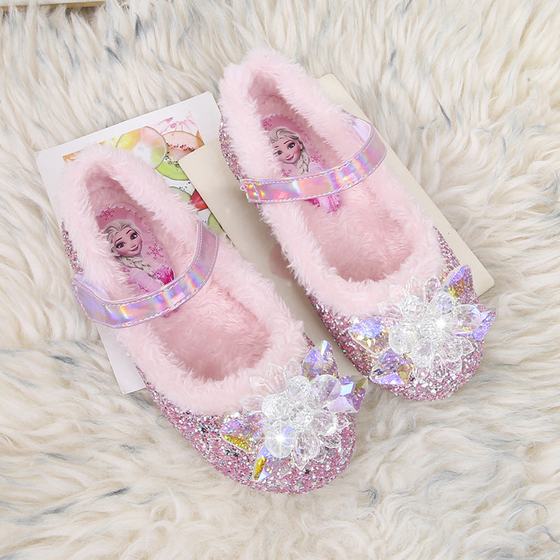 Elsa Princess Shoes Winter New Girls' Velvet Warm Flat Shoes Blue Crystal Shoes Little Girl Soft Shoes