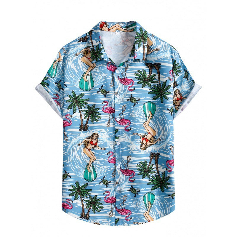 2023 Foreign Trade AliExpress Summer New Men's Loose Printed Large Size Fashionable Casual Beach Style Short Sleeve Shirt