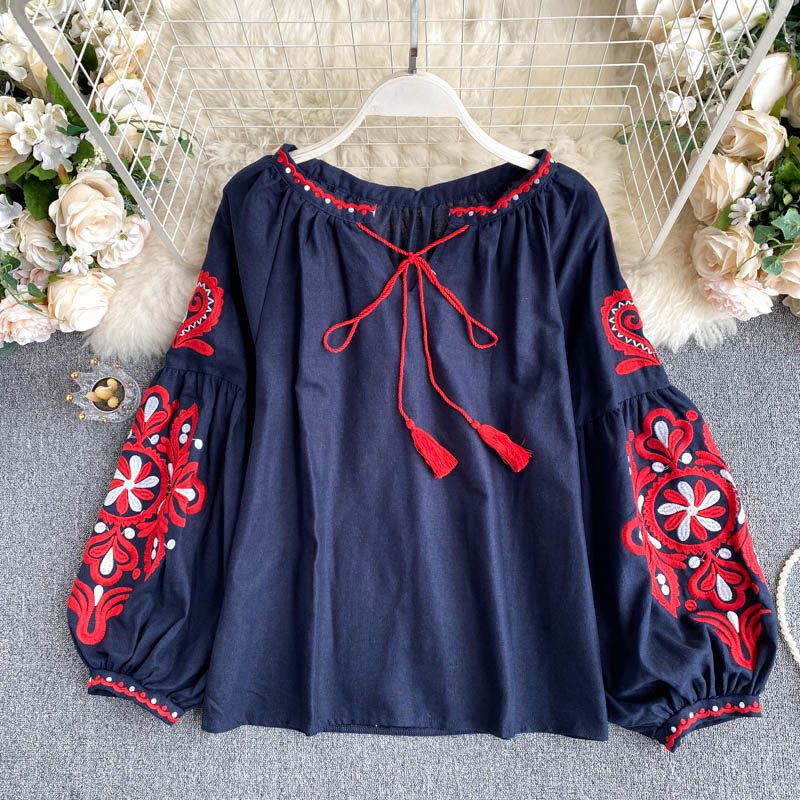 Travel Photographer Vintage Ethnic Style Heavy Industry Embroidered Lace-up Tassel V-neck Stylish Lantern Sleeve Top Women's Loose All-match