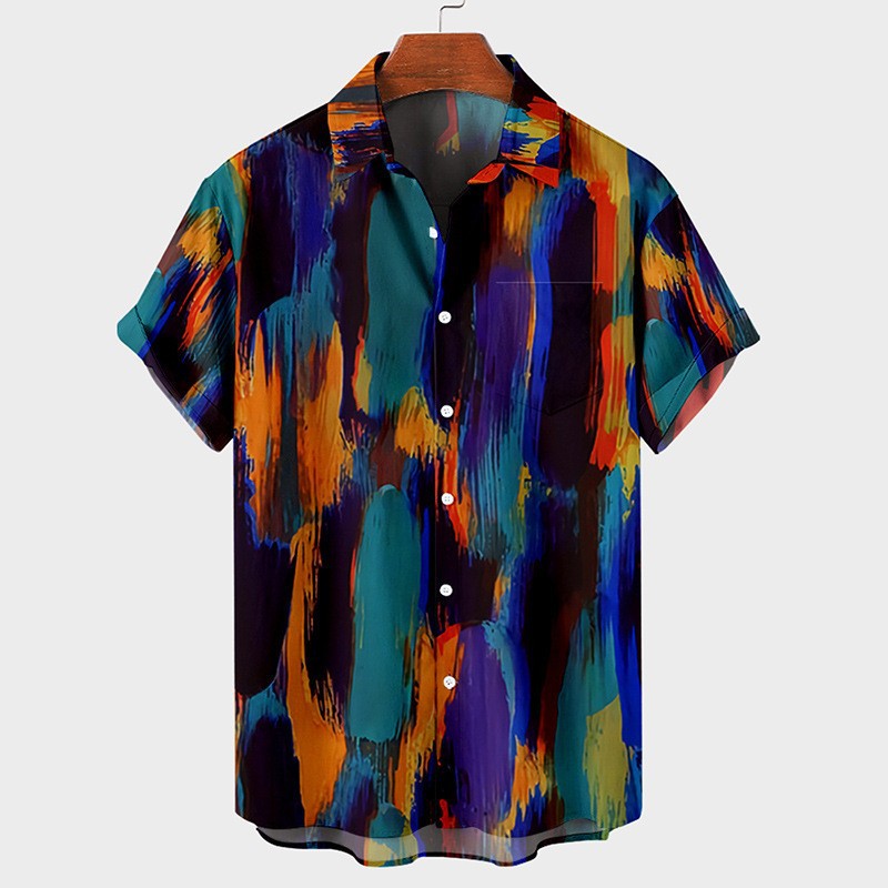 Cross-border 2023 new men's shirt 3D digital printing short sleeve lapel striped shirt men's short cardigan top