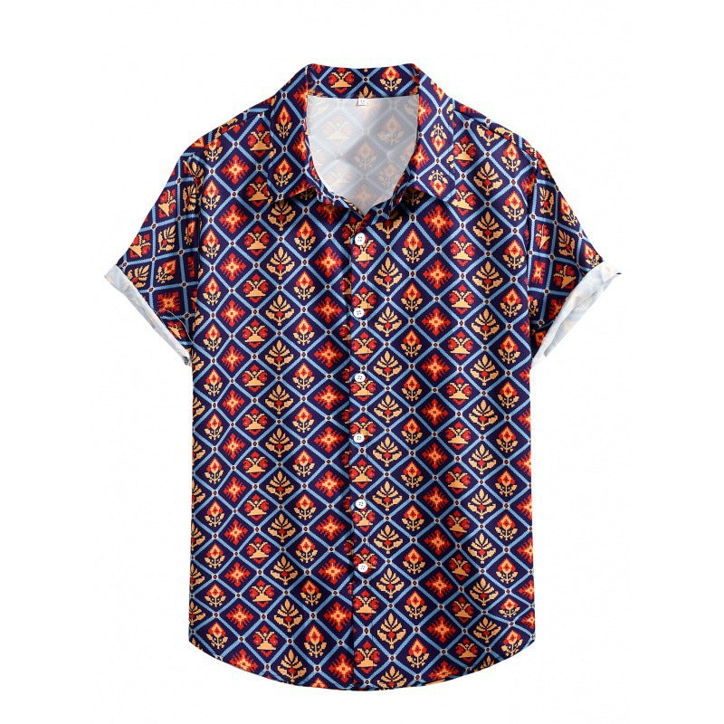 2023 Foreign Trade AliExpress Summer New Men's Loose Printed Large Size Fashionable Casual Beach Style Short Sleeve Shirt