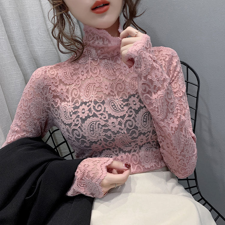 Lace Base Shirt Women's Four Seasons All-match High Collar Western Style Small Shirt Women's Top with Fake Neck Inner Vest Long Sleeve