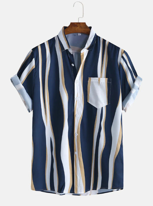 Cross-border 2023 new men's shirt 3D digital printing short sleeve lapel striped shirt men's short cardigan top