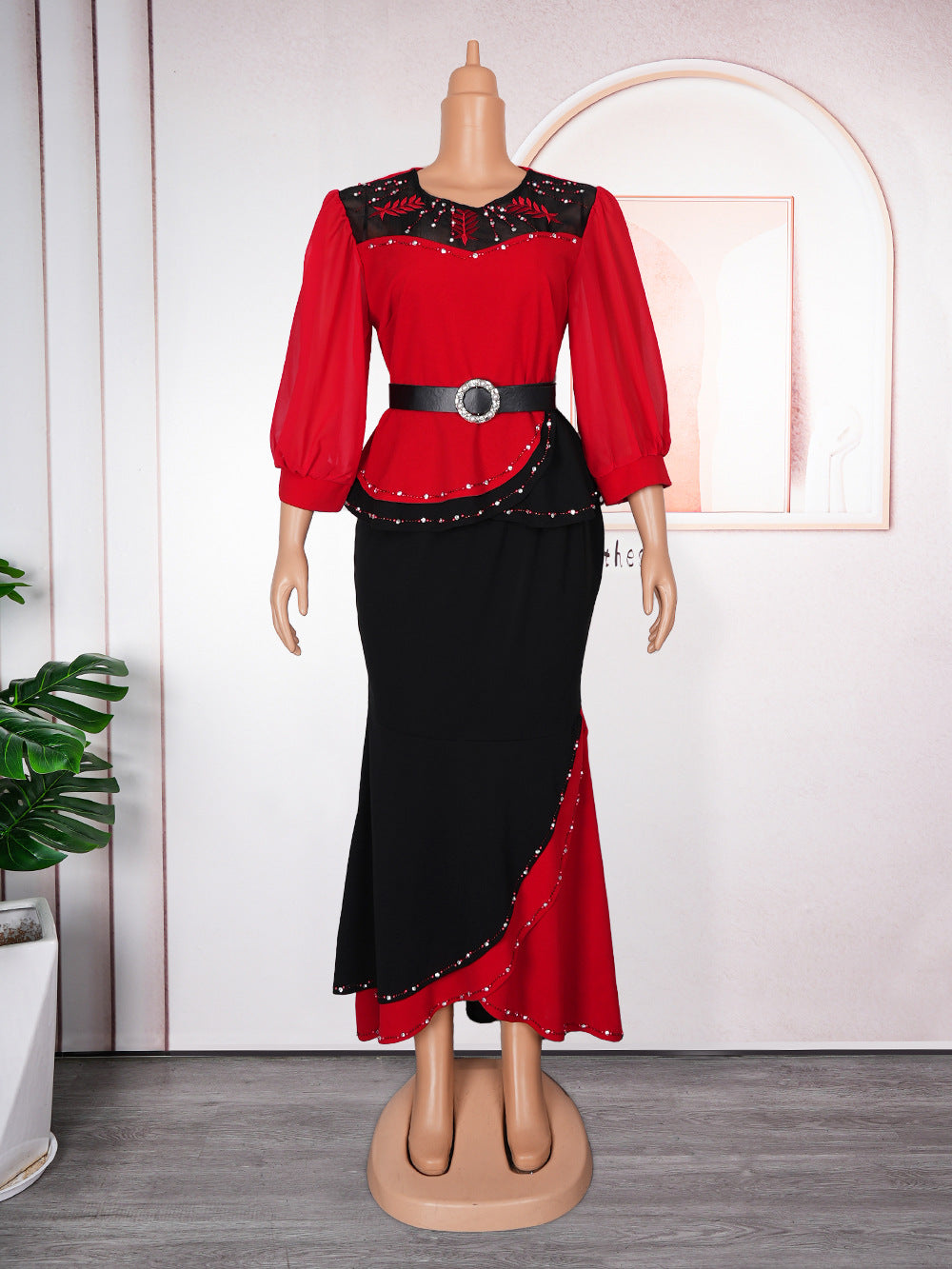 African plus size women's clothing hot sale temperament commuter contrast color two-piece hot rhinestone dress
