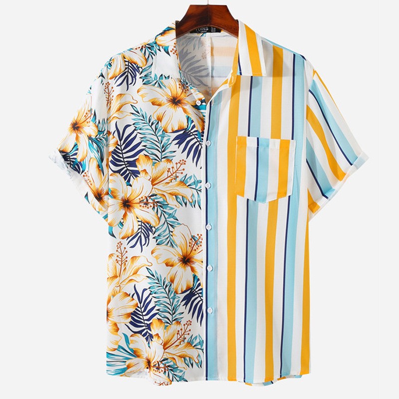 Cross-border 2023 new men's shirt 3D digital printing short sleeve lapel striped shirt men's short cardigan top
