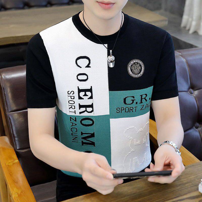 Men's Knitted Crewneck Ice Silk Short-sleeved T-shirt Summer Korean Style Fashion Plaid Knitted Trendy Half-sleeved Slim-fit T-shirt for Men