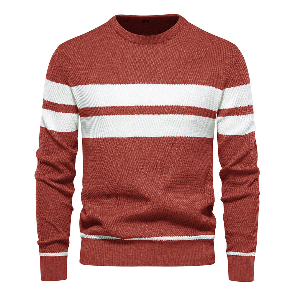 In stock autumn and winter men's casual striped men's sweater pullover color matching round neck men's European size sweater