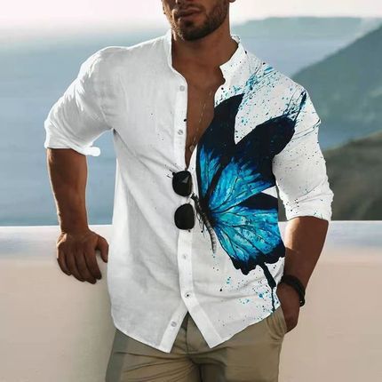 2023 cross-border foreign trade Men's spring and autumn lapel 3D printing youth casual long sleeve shirt European and American style men's shirt