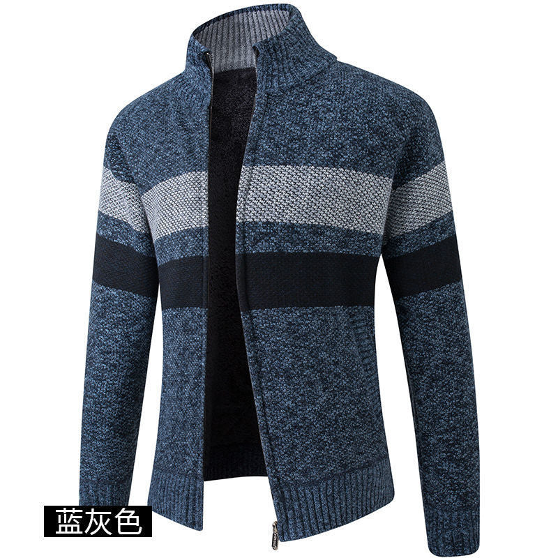 Autumn and winter men's new plus velvet thick sweater fashion stand collar sweater cardigan zipper jacket coat trendy