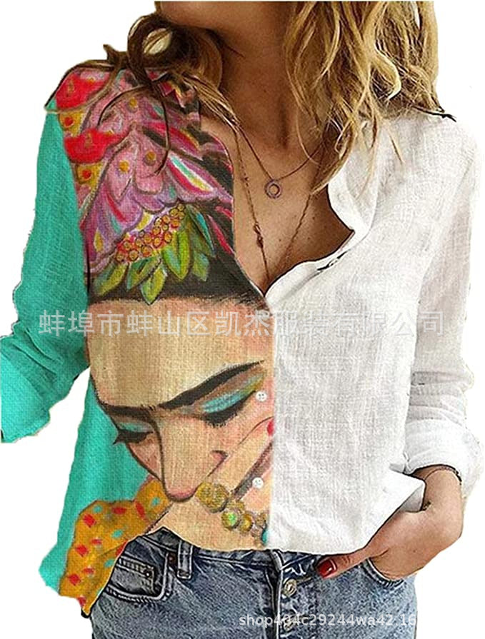 2023 cross-border foreign trade Men's spring and autumn lapel 3D printing youth casual long sleeve shirt European and American style men's shirt