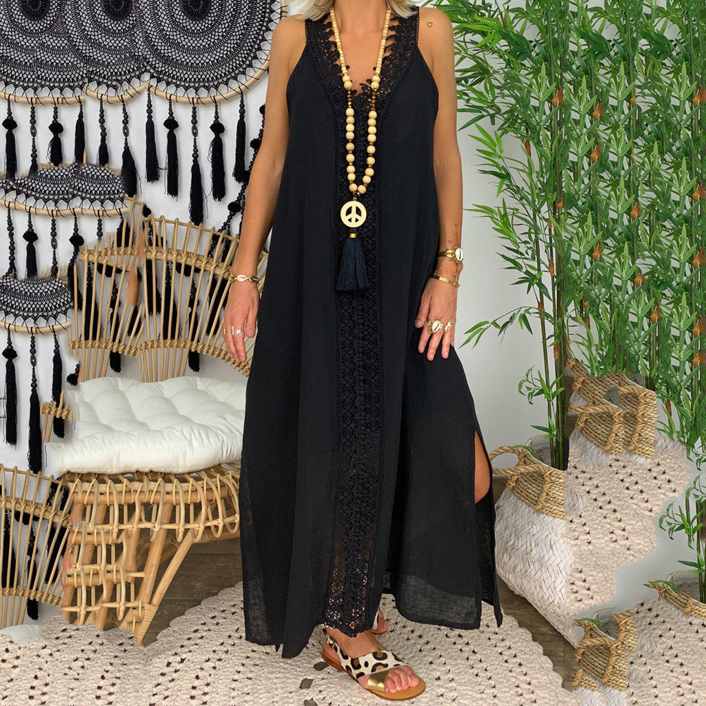 New V-neck Fashion Lace Stitching Large Size Dress Women's Long Dress