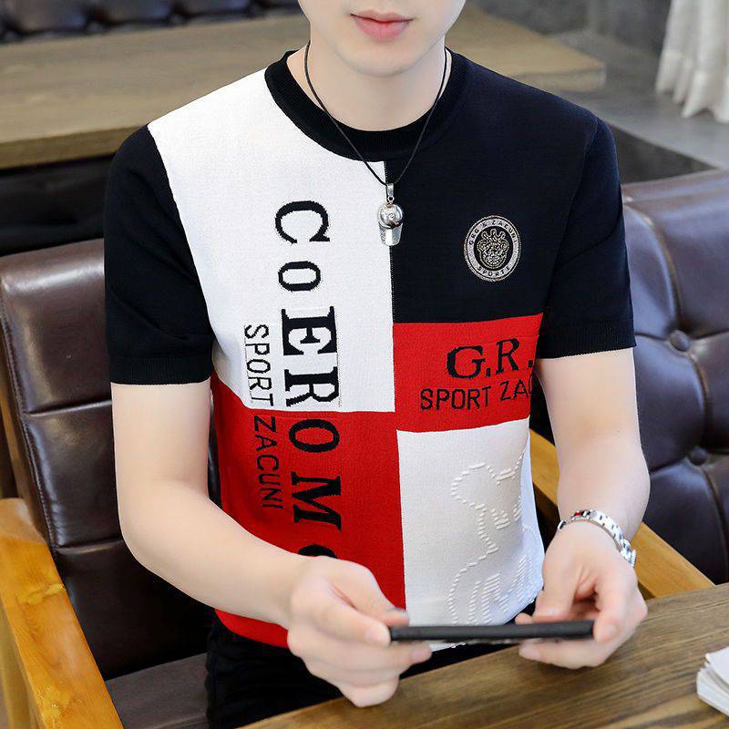 Men's Knitted Crewneck Ice Silk Short-sleeved T-shirt Summer Korean Style Fashion Plaid Knitted Trendy Half-sleeved Slim-fit T-shirt for Men