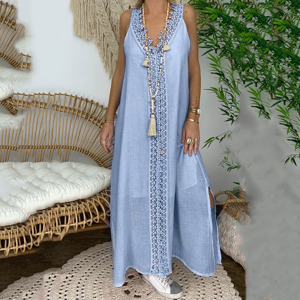 New V-neck Fashion Lace Stitching Large Size Dress Women's Long Dress