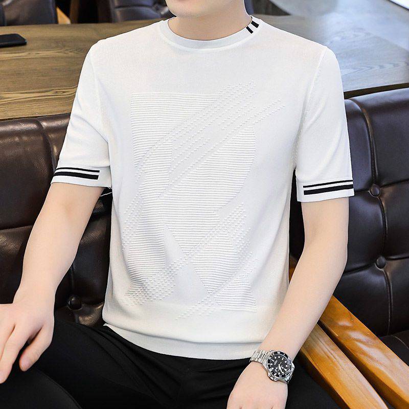 Men's Knitted Crewneck Ice Silk Short-sleeved T-shirt Summer Korean Style Fashion Plaid Knitted Trendy Half-sleeved Slim-fit T-shirt for Men