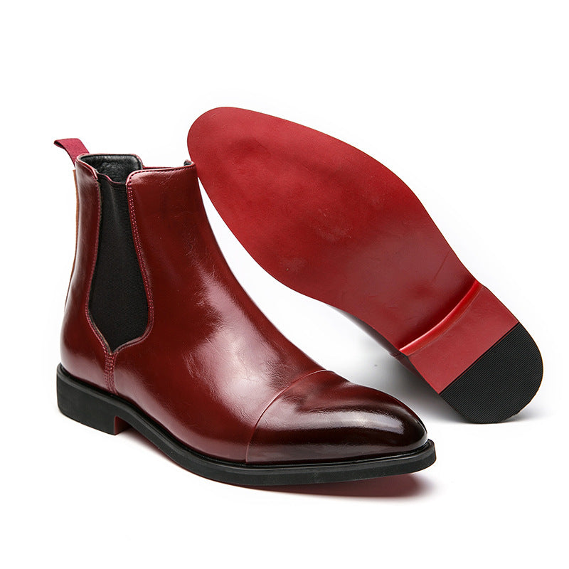 Autumn and Winter pointed toe slip-on plus size men's boots high-top leather shoes red sole Martin boots British casual Chelsea boots