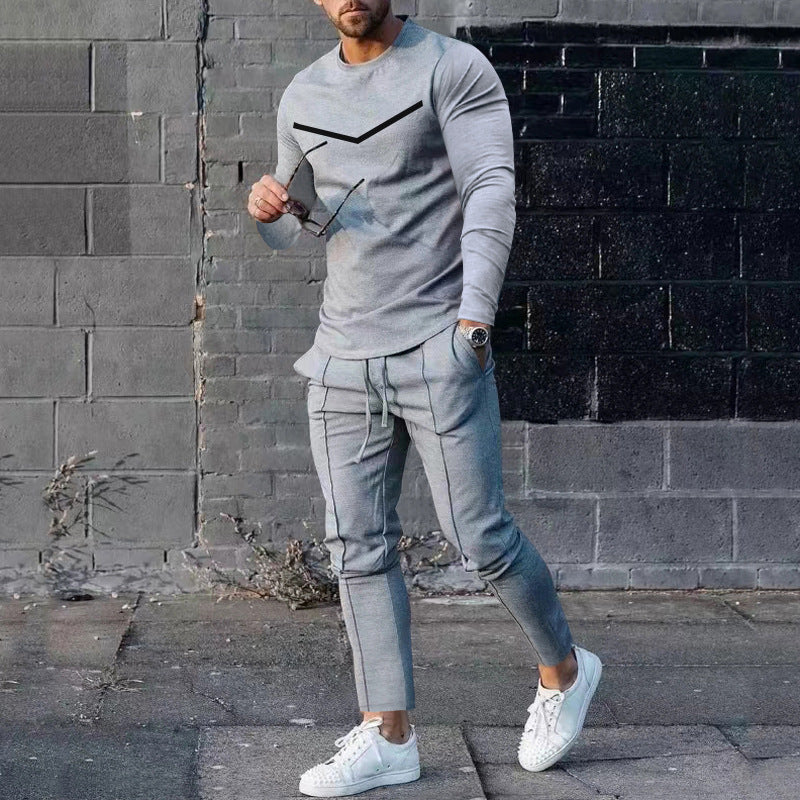 Cross-border Foreign Trade Men's Clothing Suit Spring and Autumn Two-piece Crewneck Long-sleeved T-shirt Pants Suit Men's Casual Sports Suit