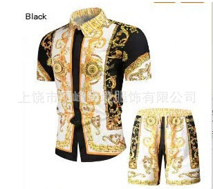 Foreign trade 2024 Summer new European and American plus size men's short sleeve court retro digital printing shirt shorts suit