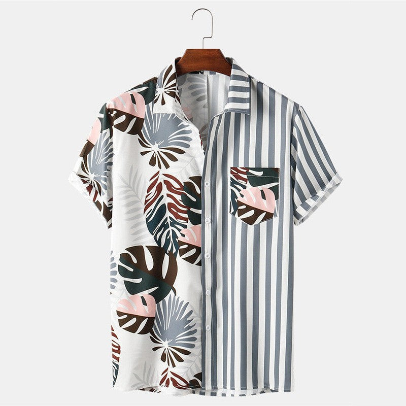 Cross-border 2023 new men's shirt 3D digital printing short sleeve lapel striped shirt men's short cardigan top