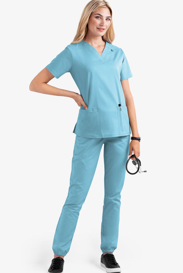 2023 European and American new style solid color pocket V-neck nursing work uniform nurse clothes two-piece suit women's short sleeve