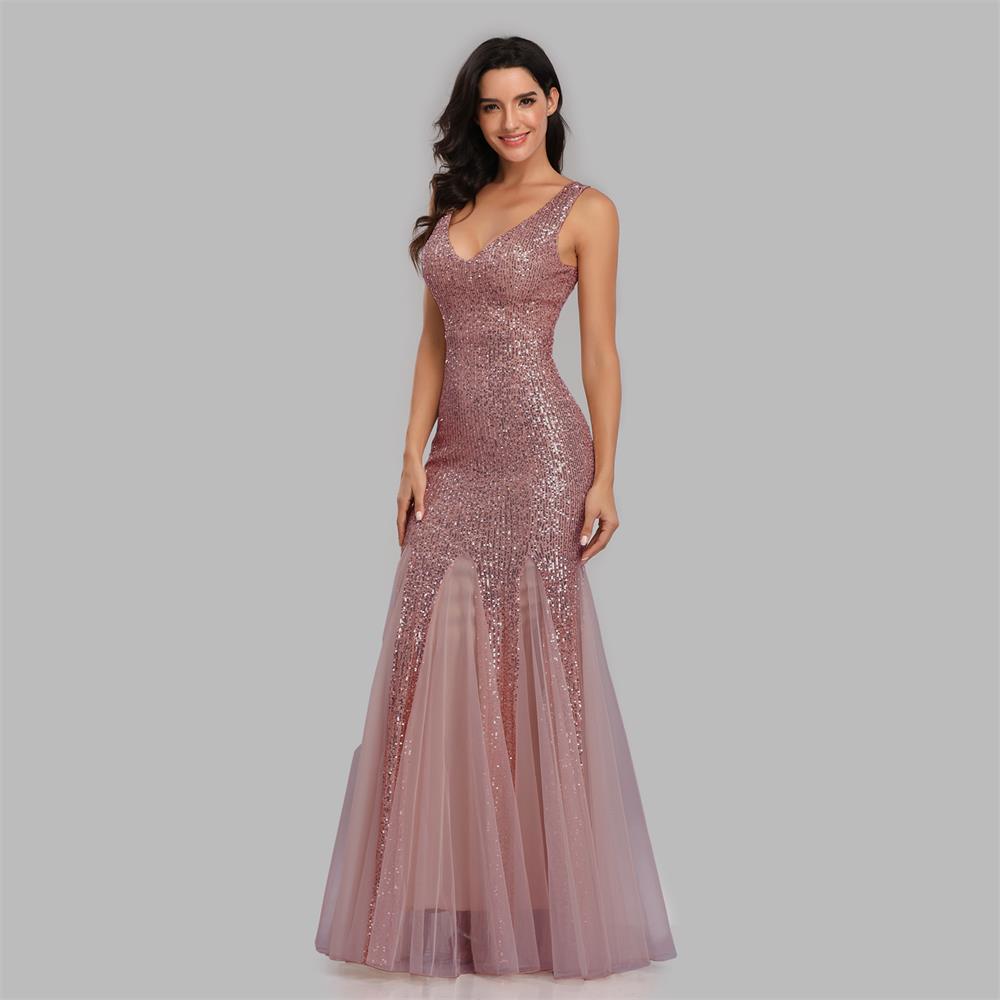 2024 Sequin Stitching Mesh Mermaid Plus Size Evening Gown Double V Neck Sleeveless Hot Selling Bridesmaid Elastic Gown