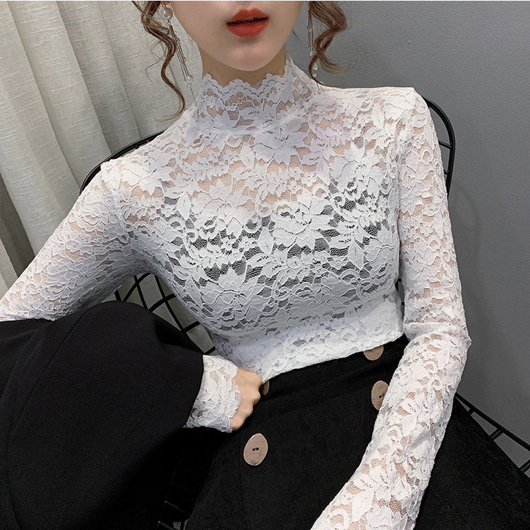 Lace Base Shirt Women's Four Seasons All-match High Collar Western Style Small Shirt Women's Top with Fake Neck Inner Vest Long Sleeve