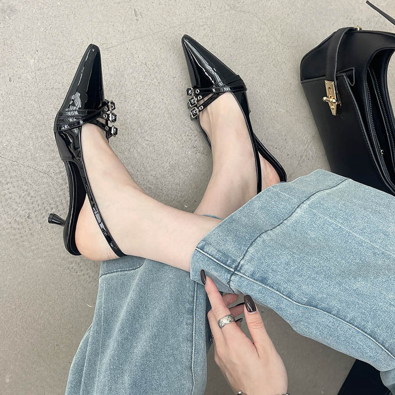 heels one-strap high heel shoes 2024 spring new fashion patent leather women's shoes pointed toe belt buckle stiletto heel sandals