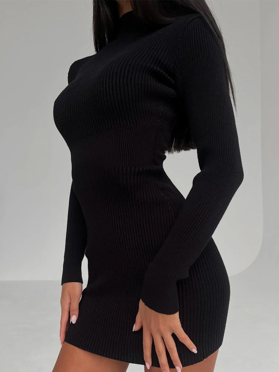Women's High Collar Mid-length Pit Knitted Dress Solid Color Woolen Tight Sexy 2022 Autumn and Winter European and American Dress