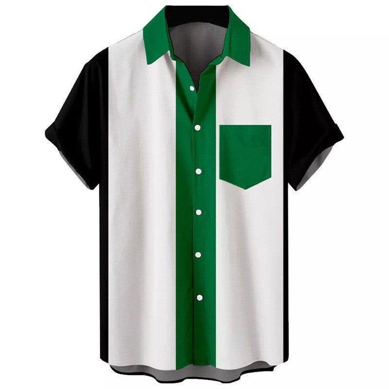 Cross-border 2023 new men's shirt 3D digital printing short sleeve lapel striped shirt men's short cardigan top