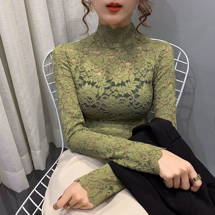 Lace Base Shirt Women's Four Seasons All-match High Collar Western Style Small Shirt Women's Top with Fake Neck Inner Vest Long Sleeve