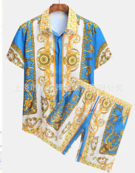 Foreign trade 2024 Summer new European and American plus size men's short sleeve court retro digital printing shirt shorts suit