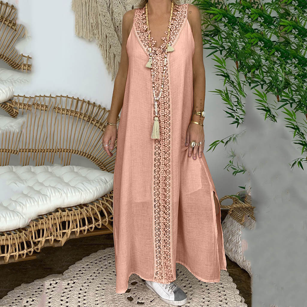New V-neck Fashion Lace Stitching Large Size Dress Women's Long Dress