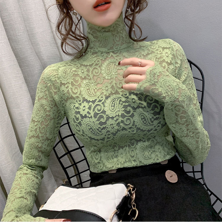 Lace Base Shirt Women's Four Seasons All-match High Collar Western Style Small Shirt Women's Top with Fake Neck Inner Vest Long Sleeve