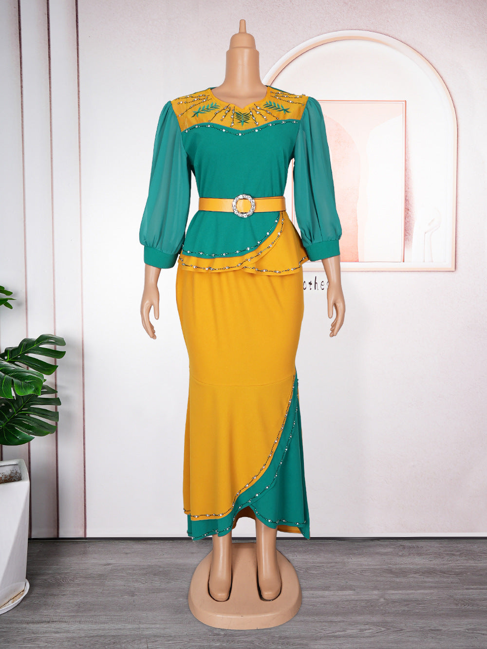 African plus size women's clothing hot sale temperament commuter contrast color two-piece hot rhinestone dress