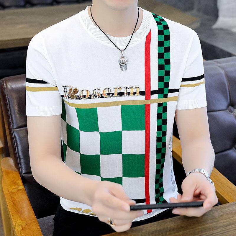 Men's Knitted Crewneck Ice Silk Short-sleeved T-shirt Summer Korean Style Fashion Plaid Knitted Trendy Half-sleeved Slim-fit T-shirt for Men