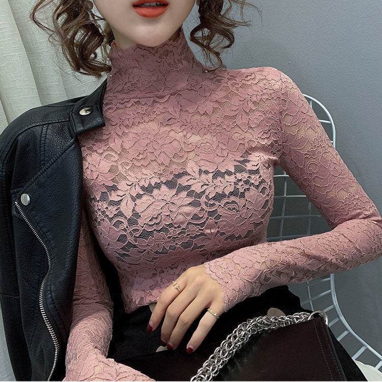 Lace Base Shirt Women's Four Seasons All-match High Collar Western Style Small Shirt Women's Top with Fake Neck Inner Vest Long Sleeve
