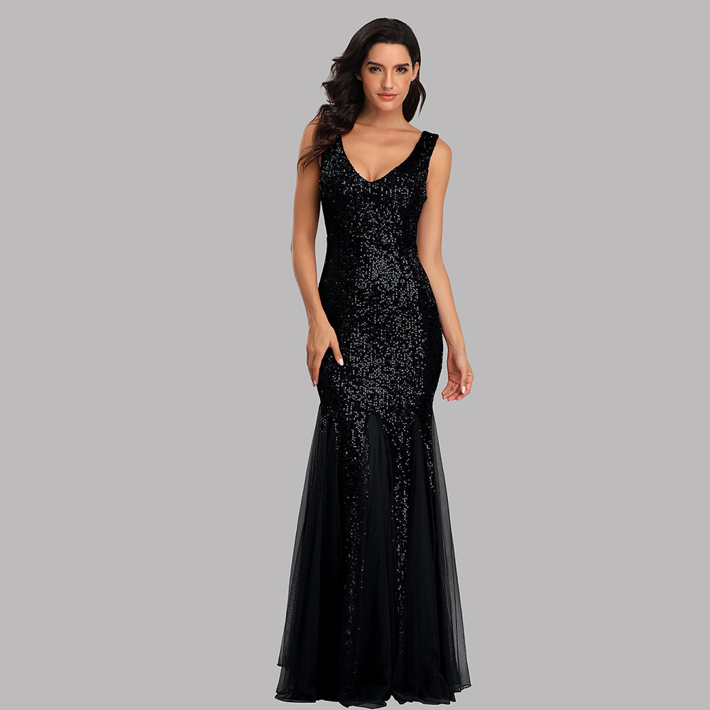 2024 Sequin Stitching Mesh Mermaid Plus Size Evening Gown Double V Neck Sleeveless Hot Selling Bridesmaid Elastic Gown